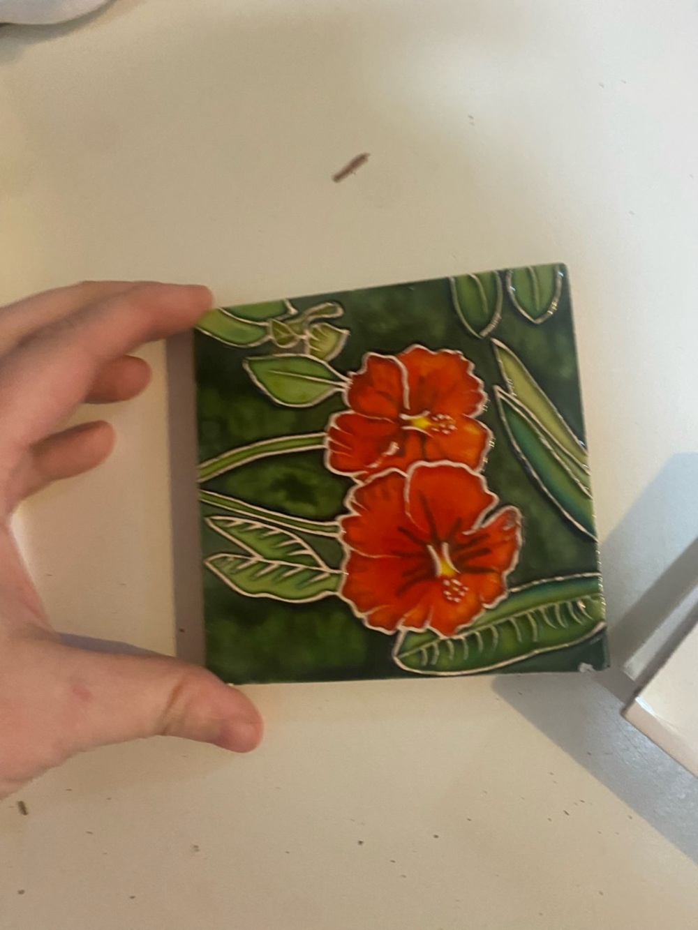 Hibiscus floral Jungala tile Small decorative piece of tile  flower handmade